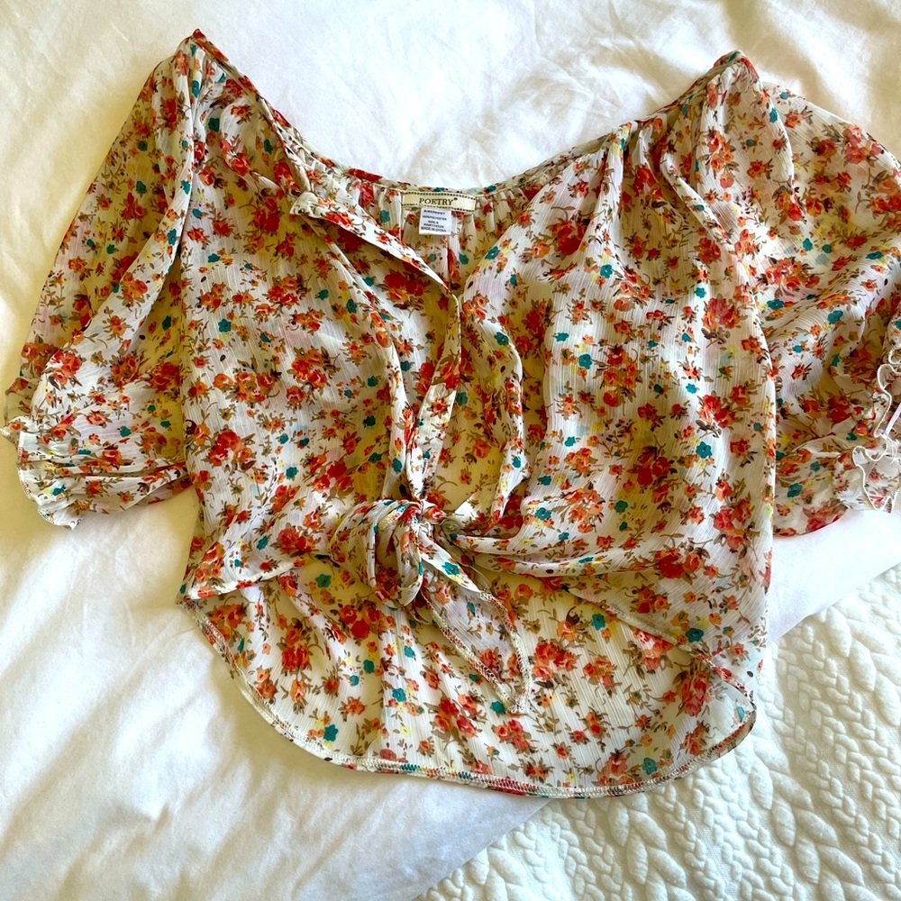 70s floral overlay top tie front